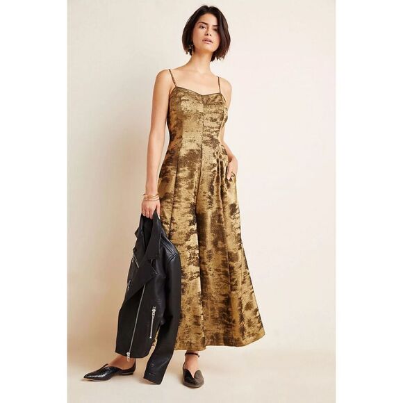Anthropologie Women’s Erika Metallic Satin Burnout Spaghetti Strap Wide Leg Jump
